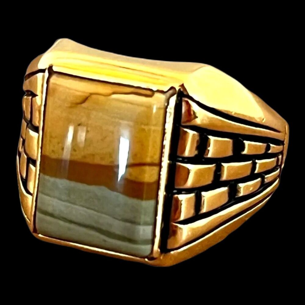 Vintage 1960s Clark and Coombs Ring Size 13 Jasper 18K Gold Plate - 14A